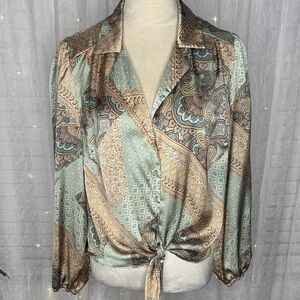 Elegant Paisley Tie-Front Blouse in Green and Tan